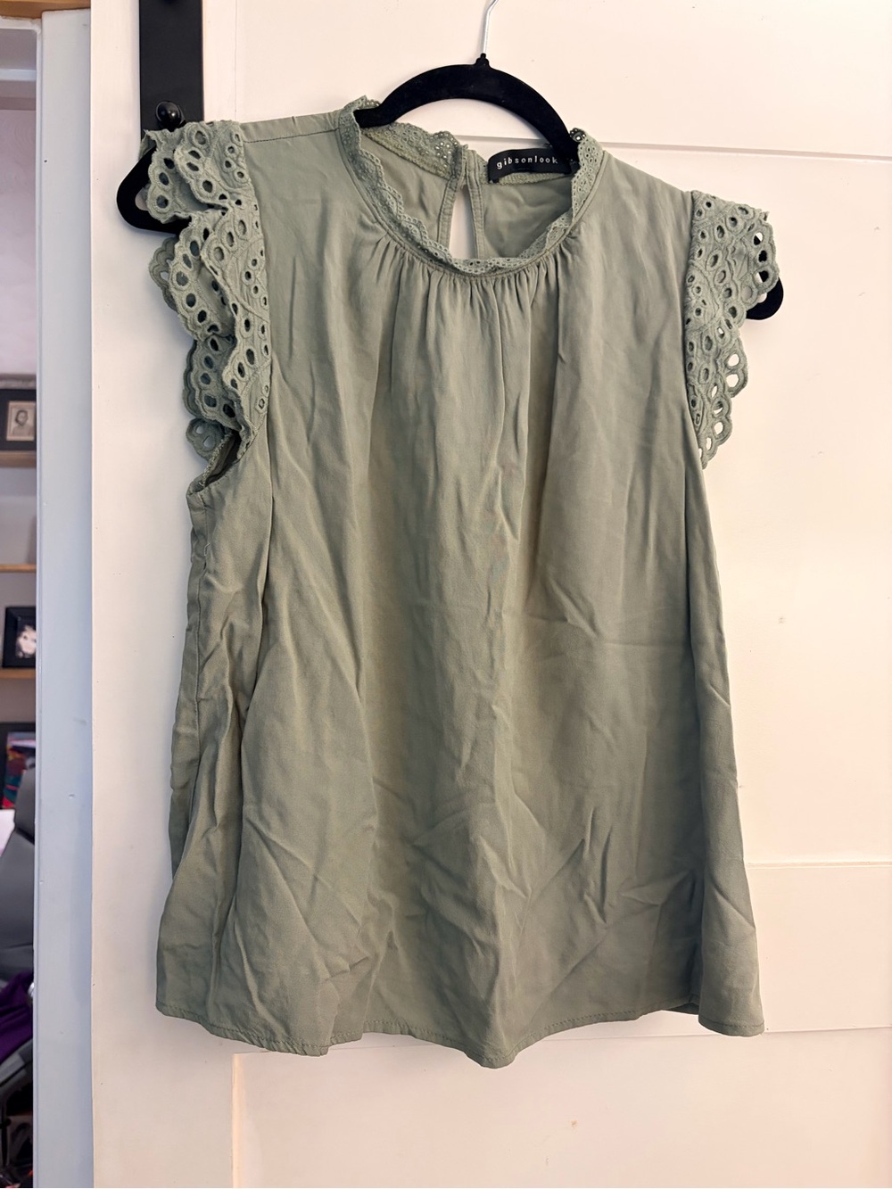 Gibson Sage Green Eyelet Sleeve Summer Blouse Top